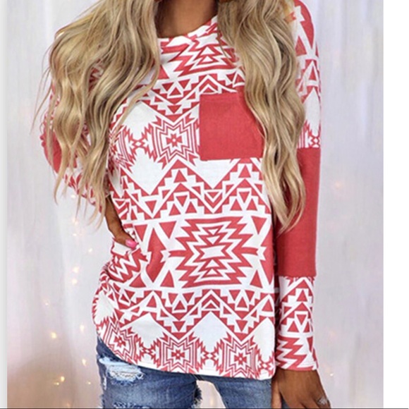 1 Left! Deep Coral Aztec Print Long Sleeve Top w/Pocket * - Picture 3 of 4